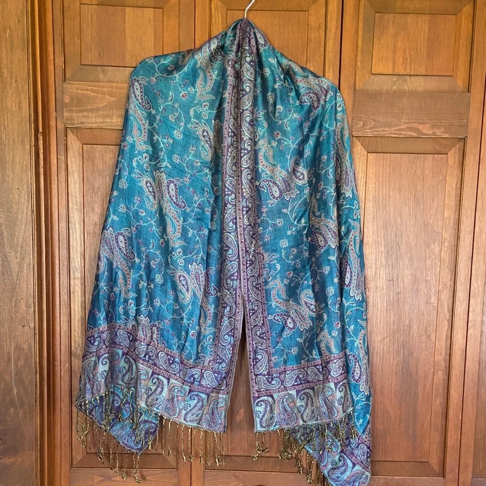 Paisley Print Scarf/Wrap With Gold Fringe ~ Teal, Purple and Brown - Picture 1 of 9